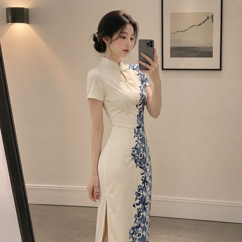 新中式青花瓷白色收腰旗袍夏季