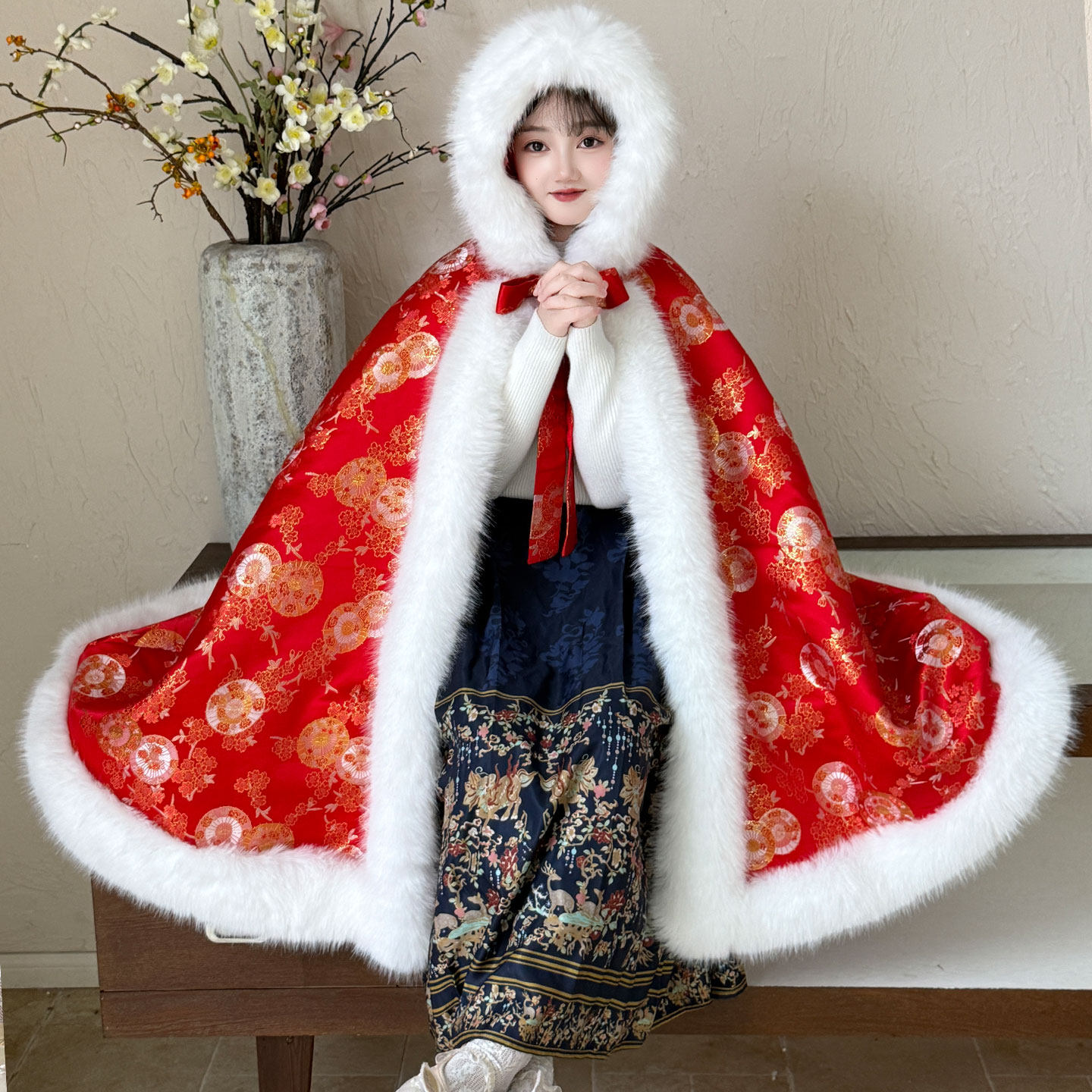 儿童披风斗篷女童国风汉服可爱拜年服秋冬季加绒保暖连帽披肩外套