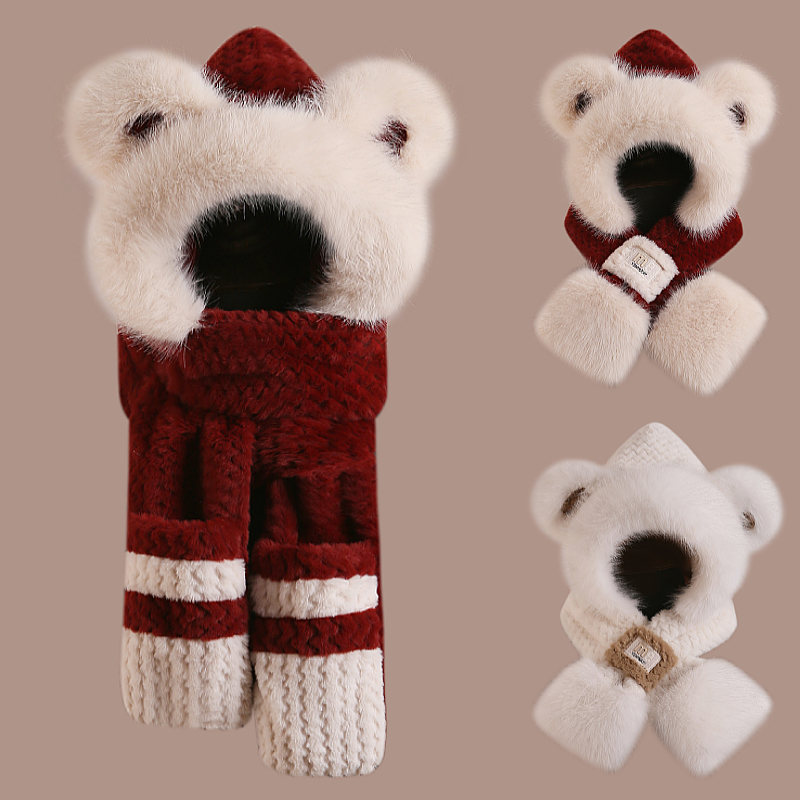 可爱小熊帽子围巾手套一体毛绒帽