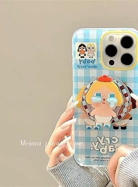 蓝色格子哭娃磁吸支架适用OPPOreno9手机壳10pro软a58/a93/6女72k12x防摔findx7pro/x6/A2pro个性k9创意A1a55