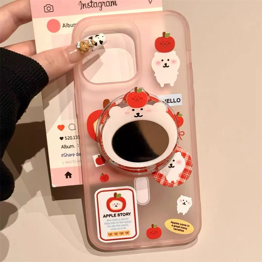 苹果小熊镜子磁吸支架适用红米k70手机壳60e/40/50note13pro软11防摔8/9全包turbo3女12/k50游戏增强至尊版小