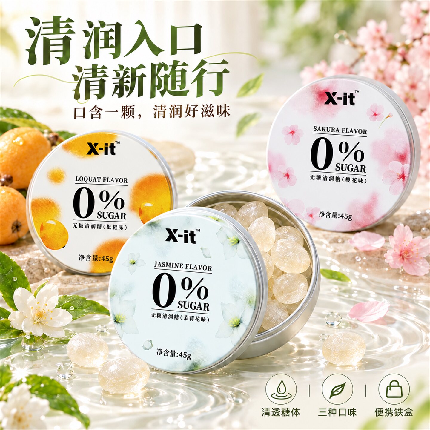 润喉糖xit清润糖护嗓教师茉莉花味益美滋无糖薄荷糖0蔗糖樱花枇杷