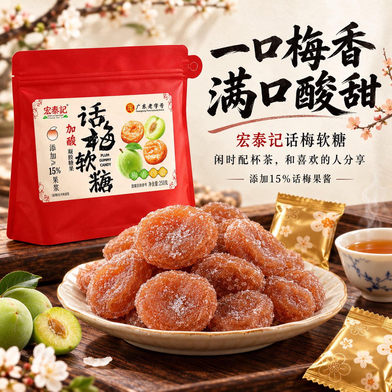宏泰记话梅软糖零食独立包装加酸青梅喜糖果休闲食品盘招待糖果