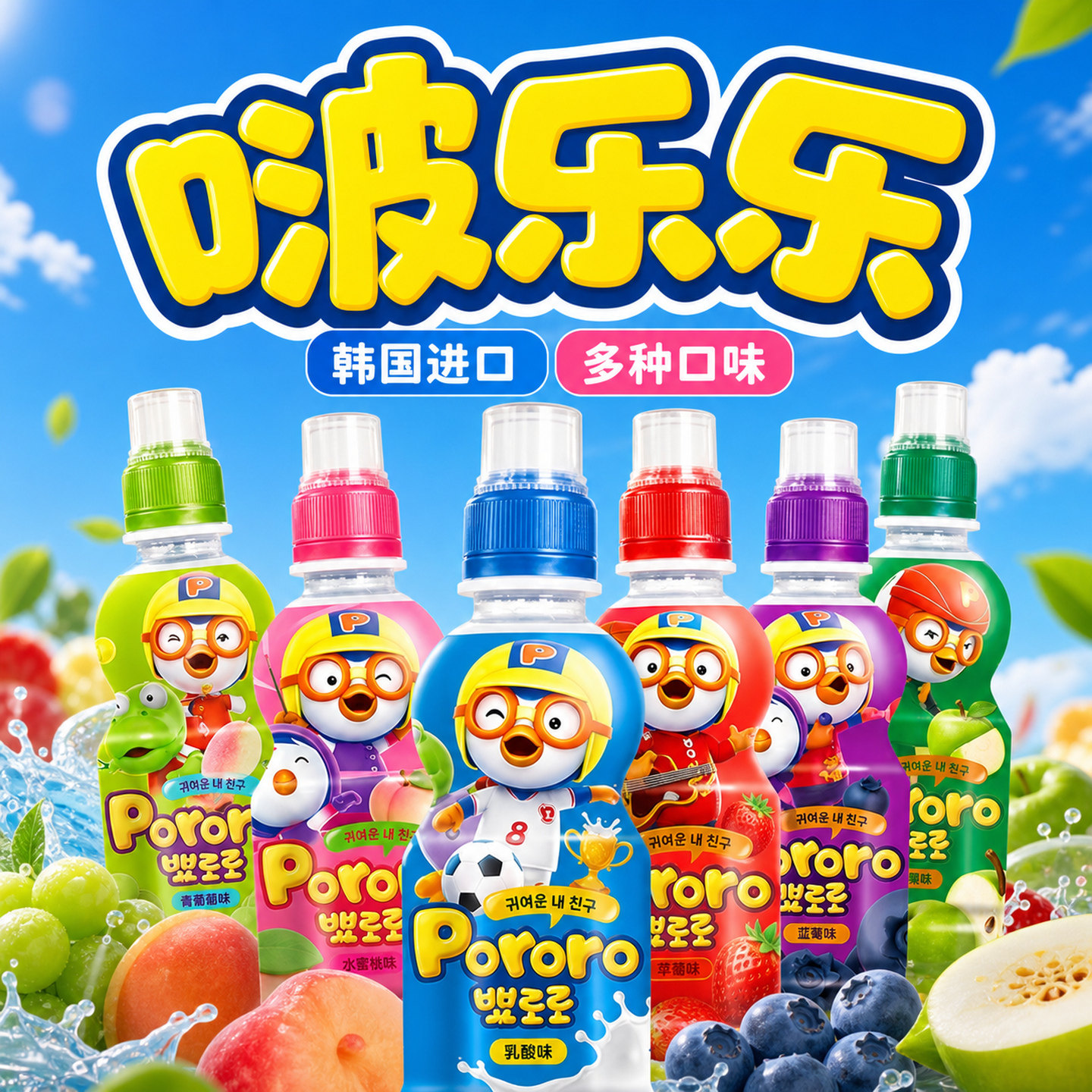 啵乐乐儿童饮料pororo果汁果味零食整箱混合多口味草莓水蜜桃蓝莓