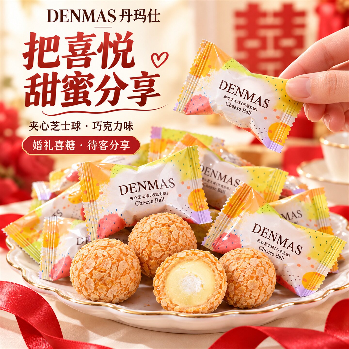 DENMAS丹玛仕椰子糖夹心芝士球结婚伴手礼喜糖牛奶网红高颜值糖果