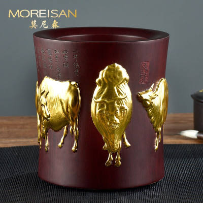 MOREISAN黑檀木笔筒摆件新中式轻奢贴金五牛图南京文创意商务送老