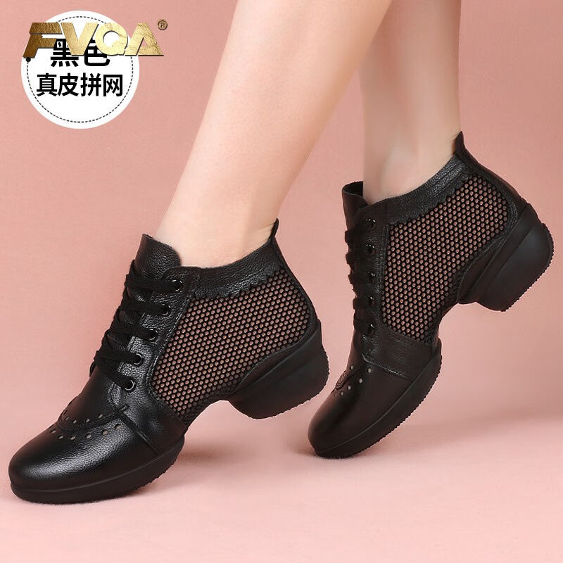 FVQA品牌跳舞鞋舞蹈鞋軟底夏季廣場舞鞋女真皮新款水兵舞鞋網(wǎng)面黑