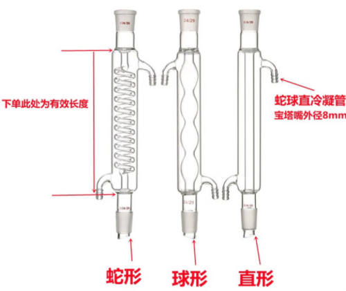 冷凝管玻璃仪器冷凝管蒸馏直形球形蛇形空气200/300/400/500/60mm