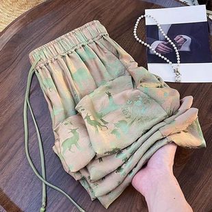 夏季 女 国风印花薄款 子休闲裤 中式 垂感阔腿裤 裤 直筒筒裤 女高腰新款
