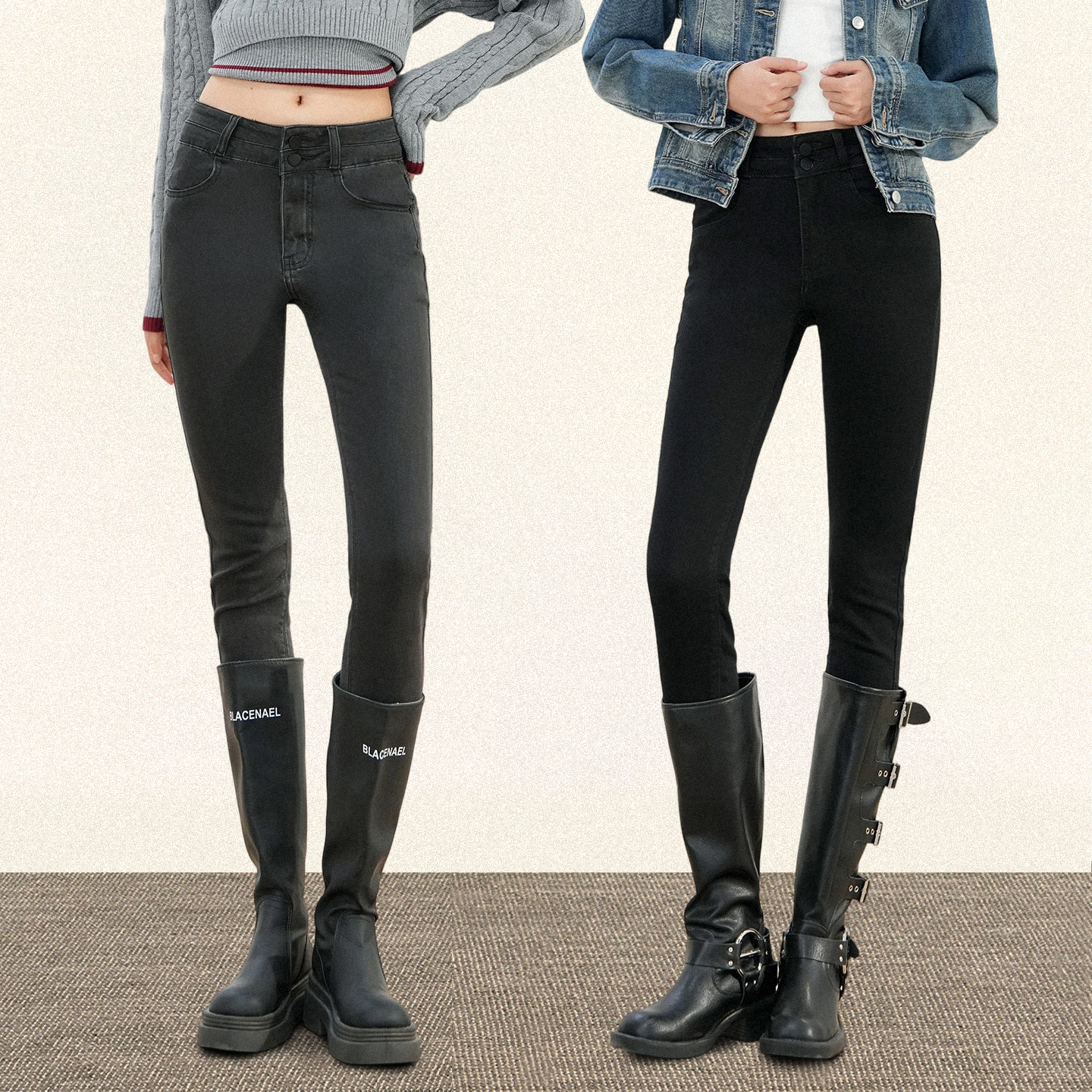 TRYOLO【长腿密码】黑色小脚牛仔裤女新款加绒美式复古显瘦铅笔裤