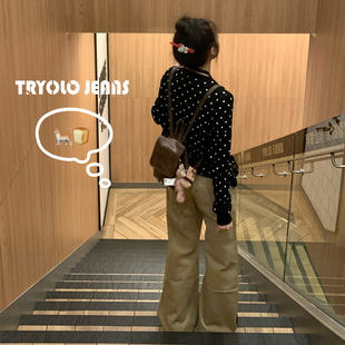 加绒简约百搭显瘦不贴腿微喇裤 TRYOLO复古卡其色微喇牛仔裤 女新款