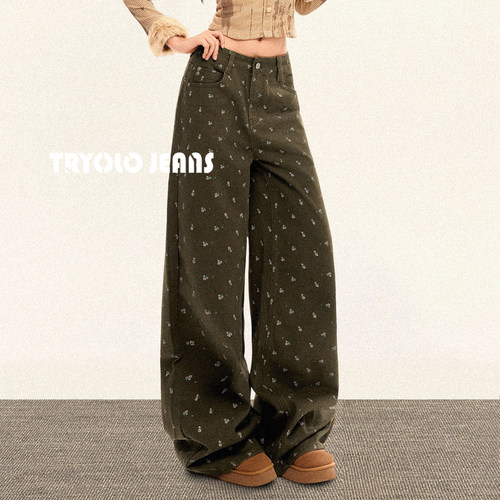 TRYOLO【莫奈花园】碎花设计牛仔裤女美式复古显百搭瘦宽松阔腿裤