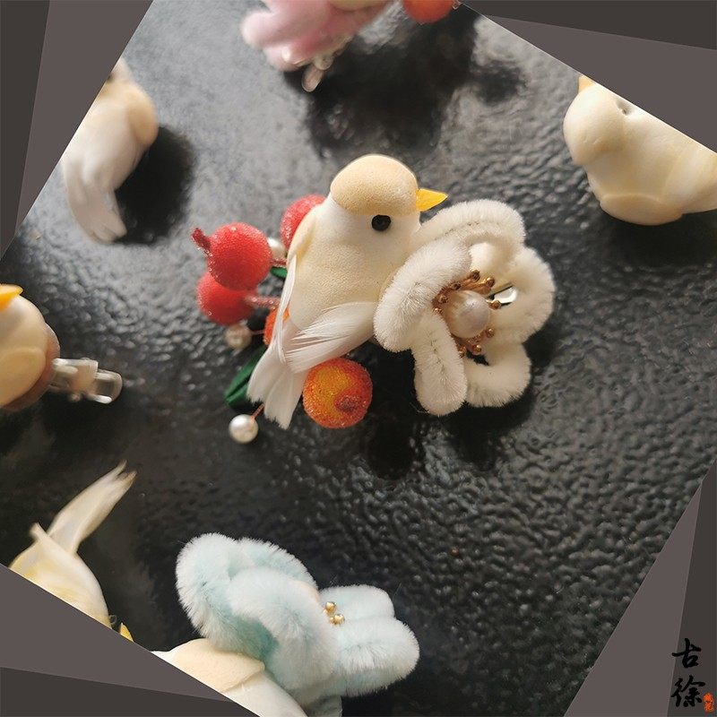 原创成品肥啾小鸟梅花绒花发簪U钗发饰发夹古风百搭汉服配饰可爱