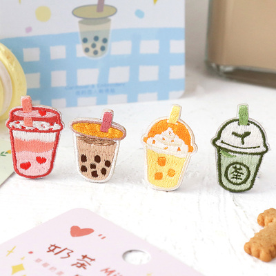 奶茶吸爽爽 刺绣布贴补丁贴手机壳龙骧包鞋子饮料布贴自粘贴小号