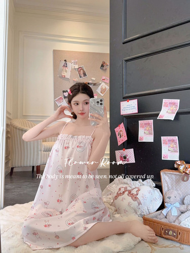 Flower Room美萌夏日*甜美吊带睡裙女夏季舒适冰丝性感带胸垫睡衣