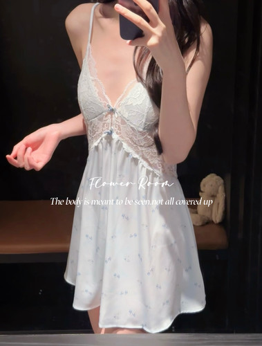 Flower Room仲夏鸢尾*法式纯欲少女碎花带胸垫吊带睡裙女冰丝睡衣