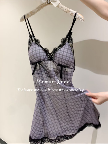 Flower Room格雷系少女*情趣睡裙女格子夏季新款纯欲吊带家居睡裙