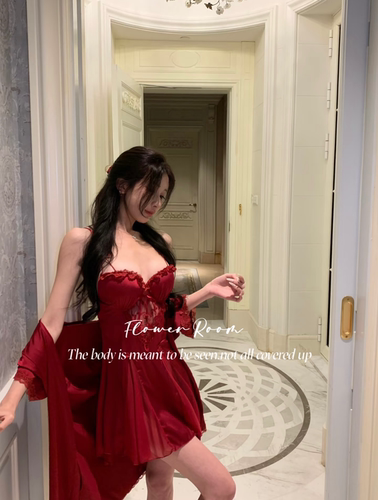 Flower Room法式浪漫*性感睡衣女带胸垫缎面轻奢冰丝吊带睡裙蕾丝