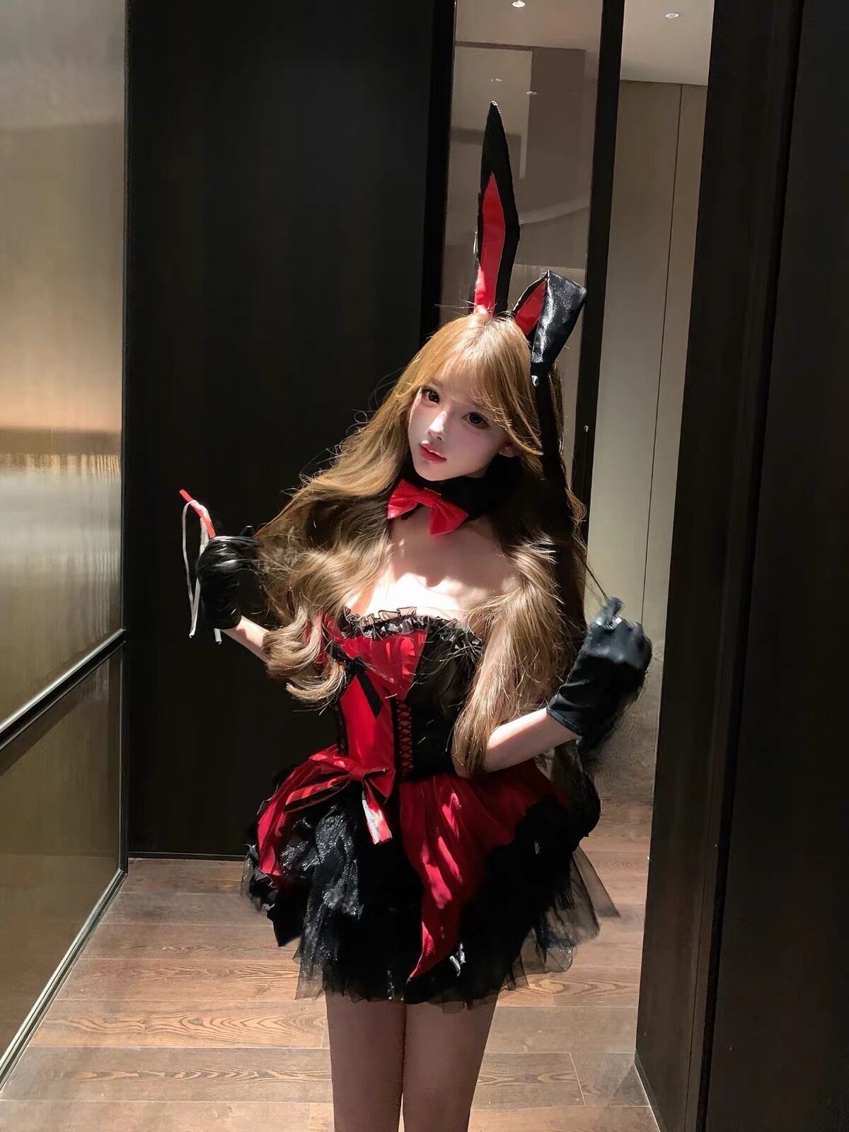 Flower Room红纱魅魔* 抹胸兔女郎制服套装性感纯欲万圣节漆皮cos