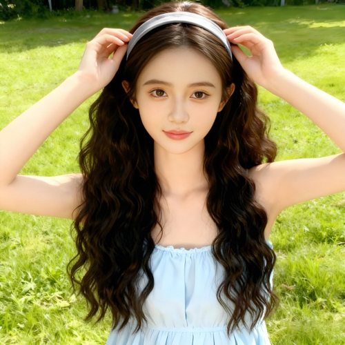 跨境电商蓝色发箍假发半头套假发女水波纹浅蓝色发箍长发工厂现货