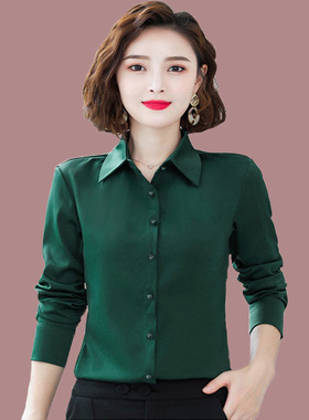 2024春秋新款妈妈装贵气墨绿色简约衬衫女长袖修身长袖白色衬衣OL