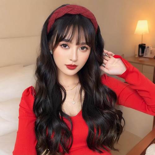 工厂货源针织麻花发箍假发女大波浪长卷发一体化纤半头套现货