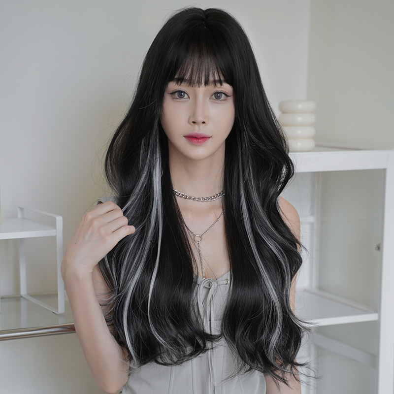 日韩新品假发女长发黑茶挑染大波浪长卷发化纤仿真高温丝整顶头套