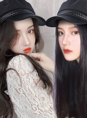 假发女长发网红海军帽子女时尚长卷发大波浪自然全头套式八角帽