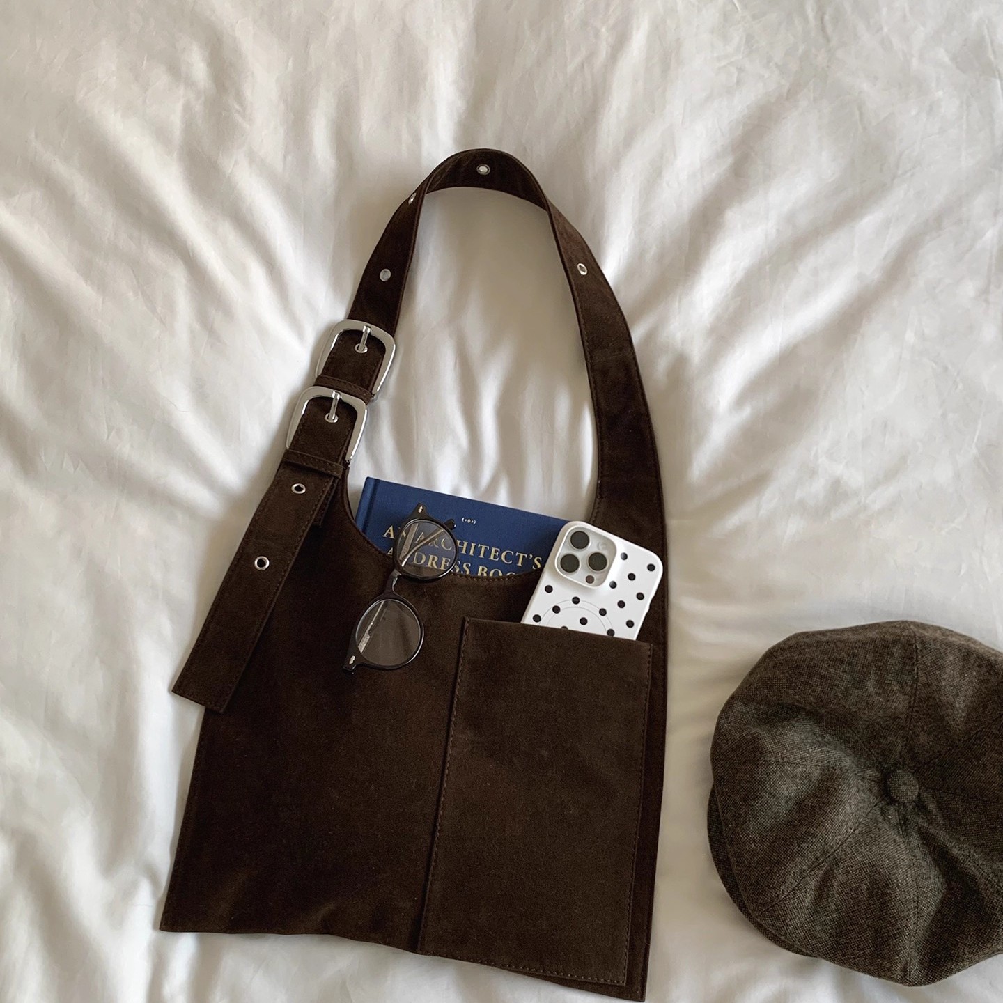 韩版ins秋冬小众设计双扣绒面复古高级感鹿皮绒单肩包潮斜跨女包