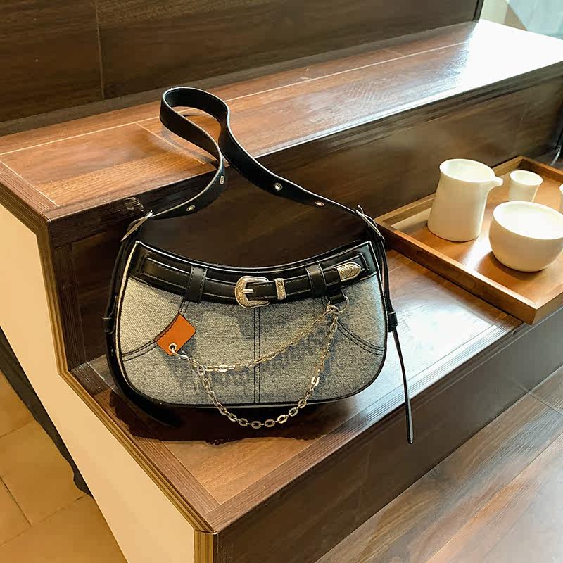 韩国小众设计牛仔腋下包甜辣风女生链条法棍包高级质感单肩斜挎包,箱包皮具/热销女包/男包,马鞍包,淘宝优惠券,粉丝福利购,淘宝优惠卷