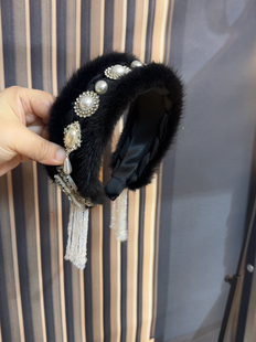 秋冬新品黑色水貂毛重工水钻流苏发箍洋气宽边百搭头箍高颅顶发卡