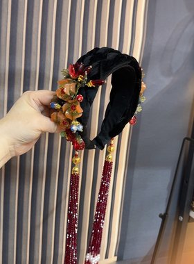 津玲家 原创中国风红色琉璃水晶流苏轻奢高定头饰发饰名族风发箍