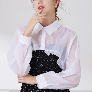 夏季超短款外搭衬衫长袖配裙子吊带黑色白色罩衫防晒短外套开衫女