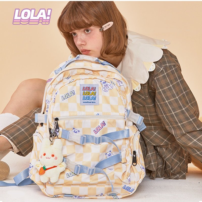 LOLA DESIGN小熊棋盘格双肩包小众书包女大学生ins日系原创背包女