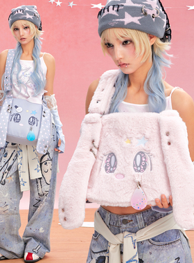 LOLA DESIGN轻亚风古早毛绒兔子斜挎双肩背包女韩系ins书包电脑包