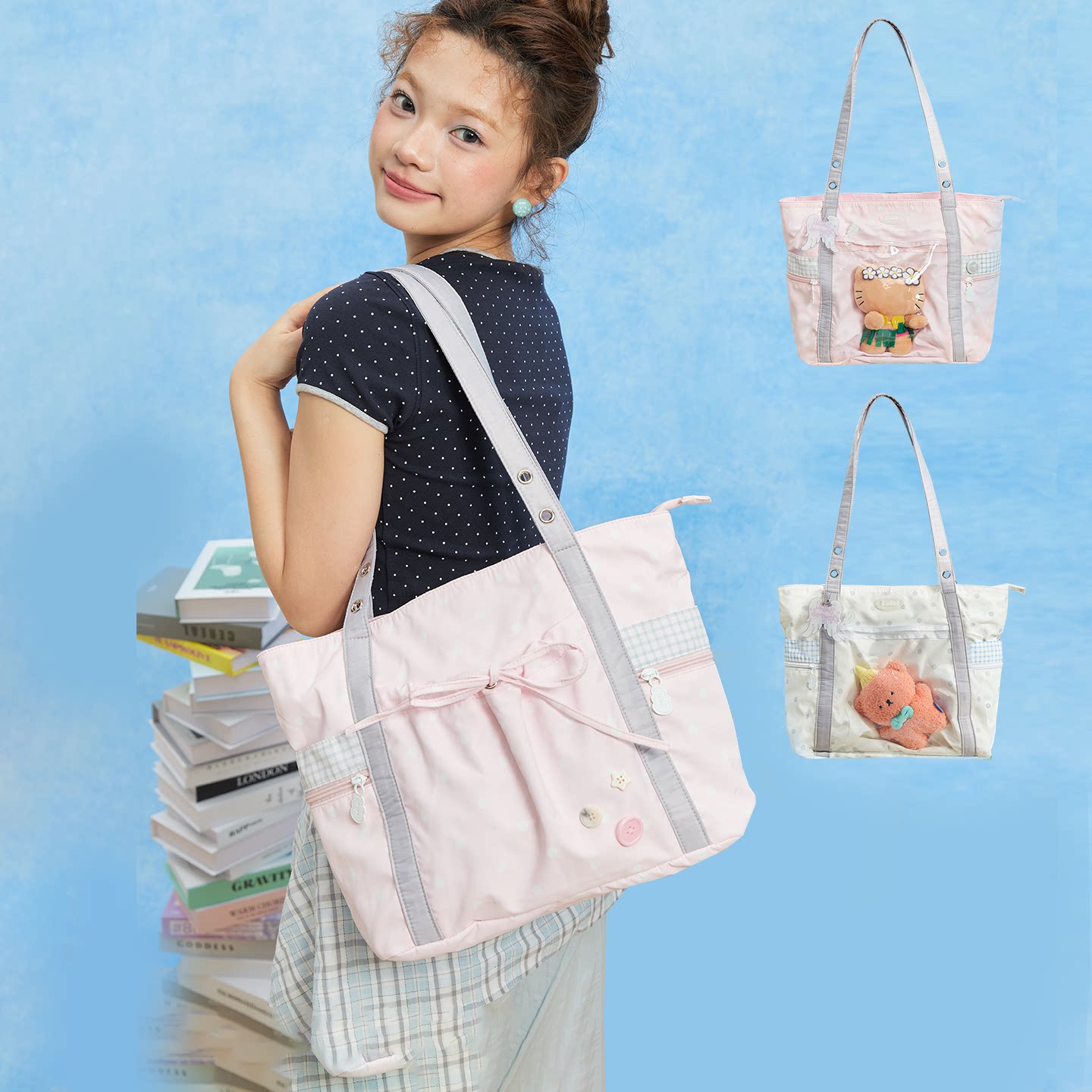LOLA DESIGN甜系少女波点格纹托特包学院风大容量通勤上课单肩包