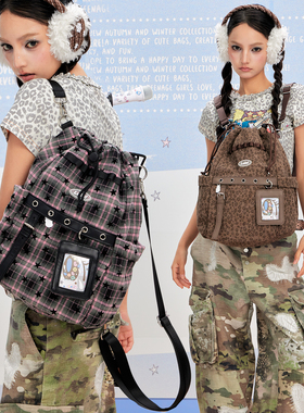 LOLA DESIGN抽绳复古双肩背包 出游单肩斜挎两用包女通勤小众书包