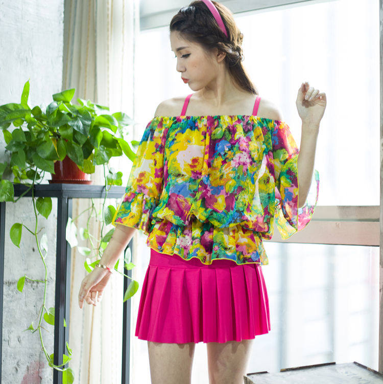 颖熙梦 女士大小胸分体比基尼裙式钢托中袖三件套装游泳衣