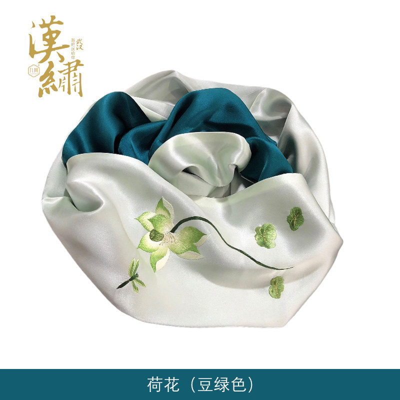 真丝汉绣围巾荷花桑蚕丝刺绣丝巾春秋冬手工绣花武汉特色礼品送人