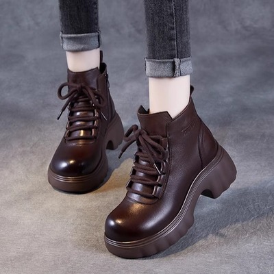 真皮马丁靴女2025新款复古秋冬季加绒头层牛皮小个子厚底增高短靴