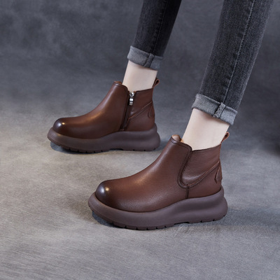 真皮大码短靴女2025秋冬新款法式加绒头层全牛皮厚底妈妈马丁靴子