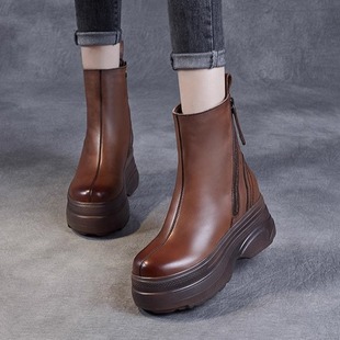 真皮马丁靴女2025秋冬新款头层牛皮加绒短靴子松糕厚底增高小个子