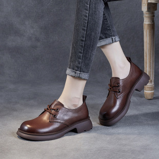 英伦风软底软面头层全牛皮低跟妈妈小皮鞋 真皮单鞋 女2026春夏新款