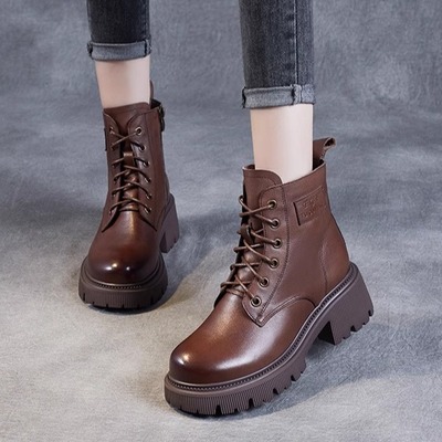 真皮复古马丁靴女2025秋冬头层全牛皮单靴轻便厚底小个子粗跟短靴