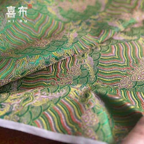 云海崖纹丝绸缎子古装面料绿色