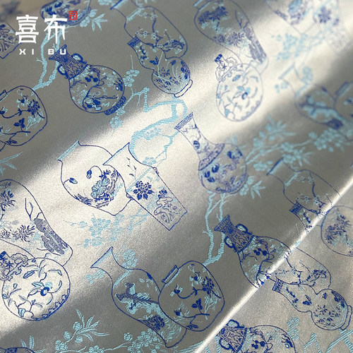 古典青花瓷人丝织锦缎民族布料