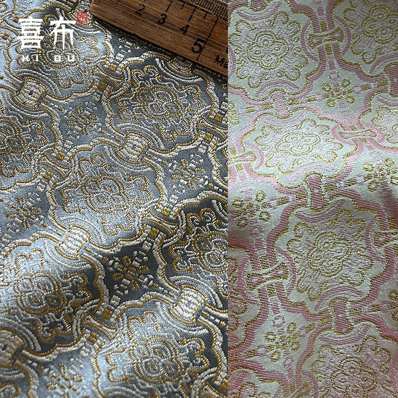 蓝灰粉定胜纹仿宋锦国风马甲布料图片