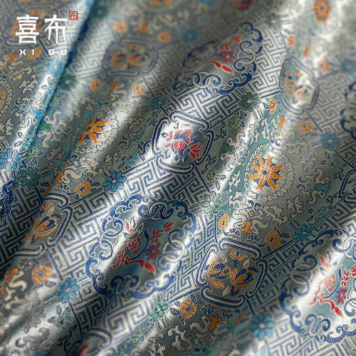 蓝古风秀气开窗天华锦织锦缎面料