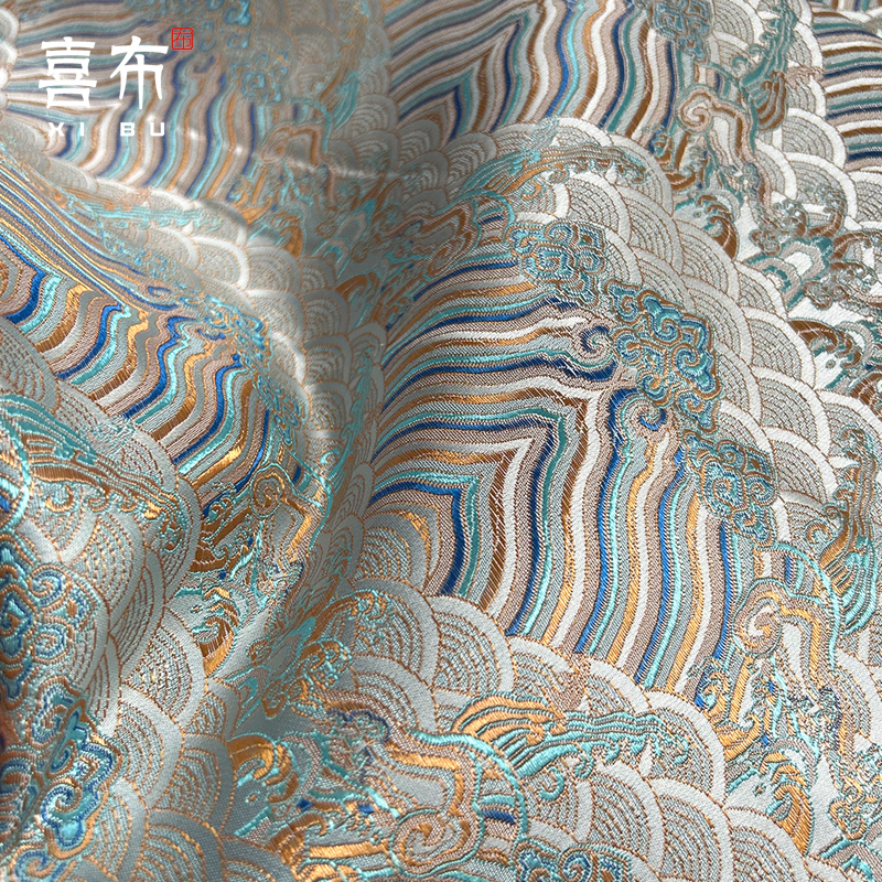 新配蓝海浪云纹提花汉服面料