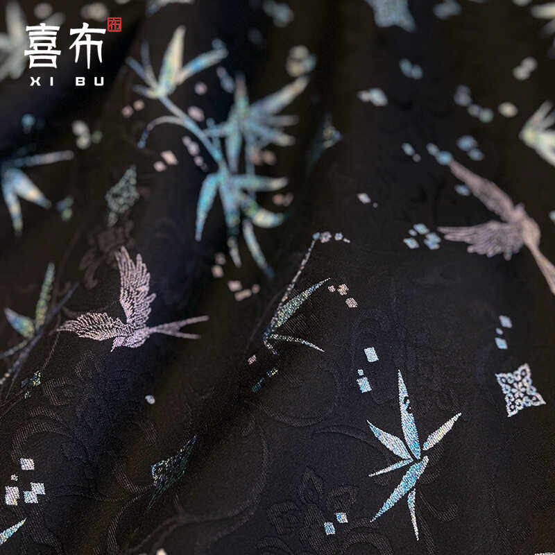 新款比翼竹叶花织锦缎面料银丝炫彩黑底蓝提花衣设计装饰汉服布料